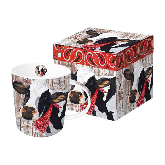 henrietta the cow black and white with a red paisley bandanna coffee and tea hot beverage morning kitchen dishes barnyard rustic