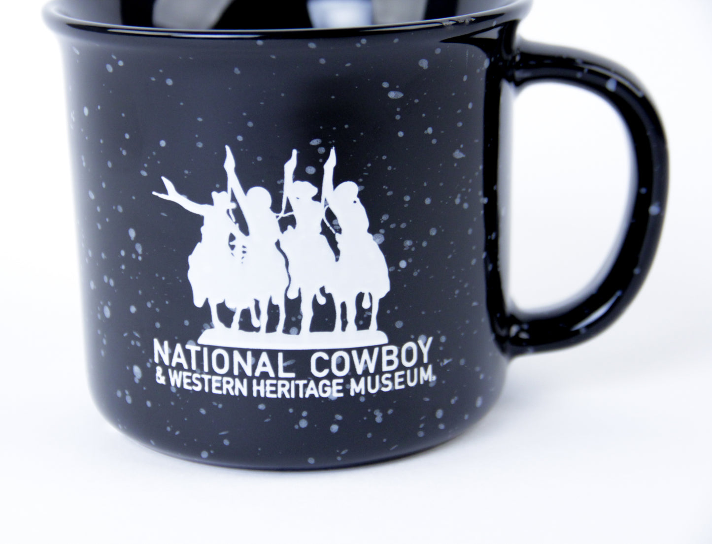 National Cowboy Museum black campfire mug ceramic coffee hot tea or soup cup drink in the morning like a cowboy ceramic glass 14 ounces logo detail