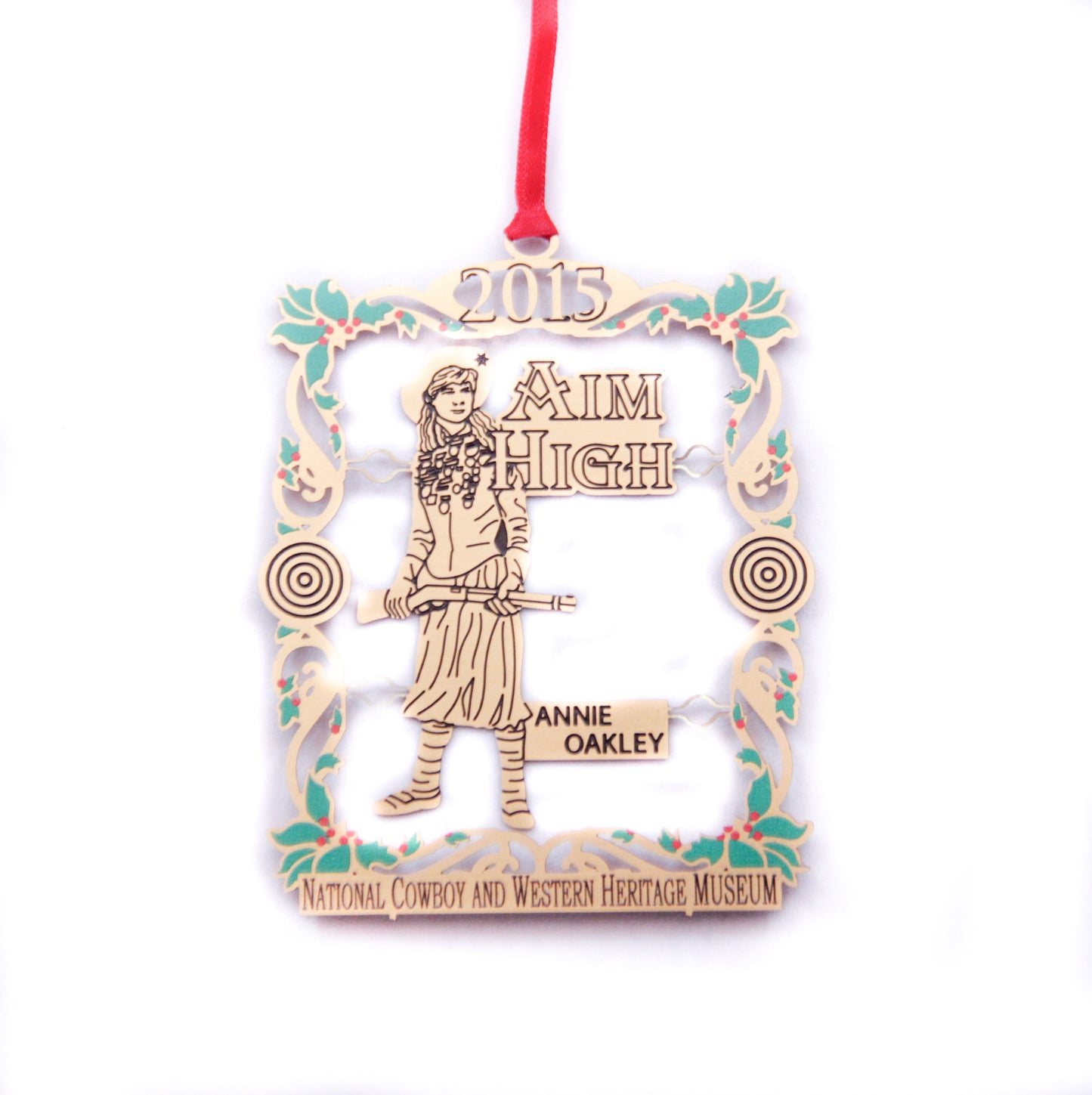 Annie Oakley Aim High christmas ornament gold metal cutout sharp shooter national cowboy and western heritage museum store holiday ornament for 2015 collection collectible