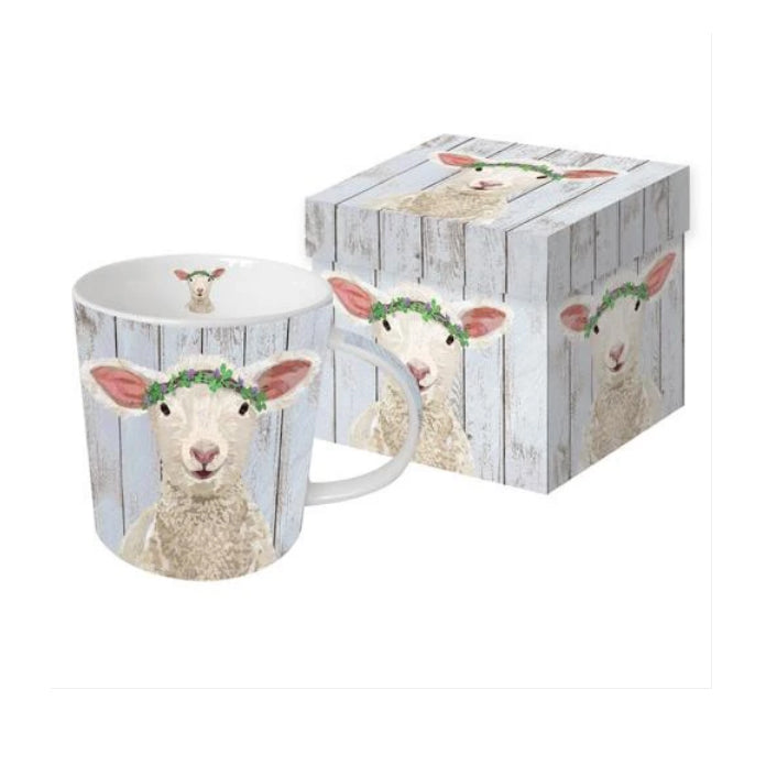 maisie the lamb mug for coffee or tea hot chocolate little lamb with clover crown rustic animal kitchen mugs