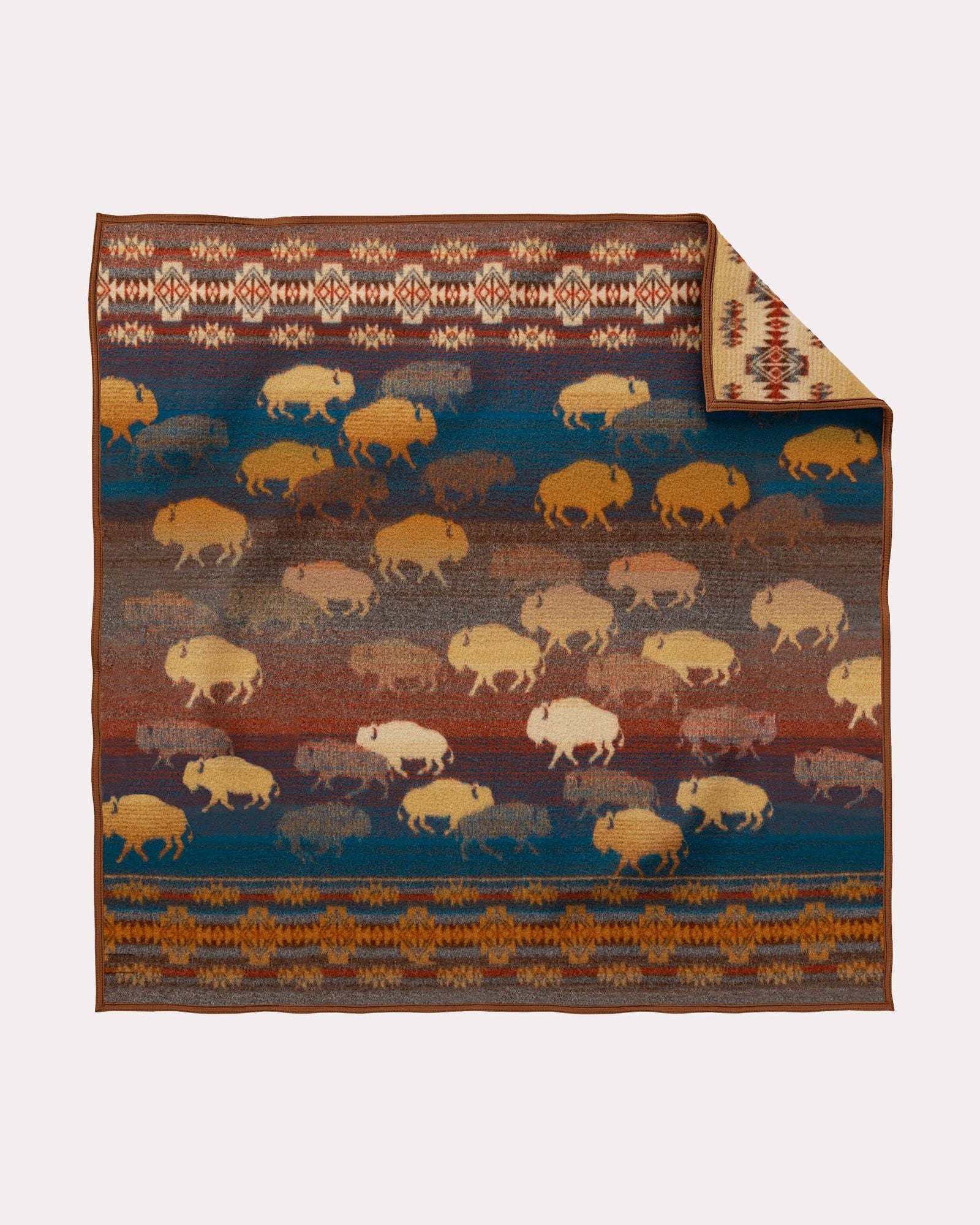 prairie rush hour throw blanket twin sized brown and blue buffalo bison for the home blue back side