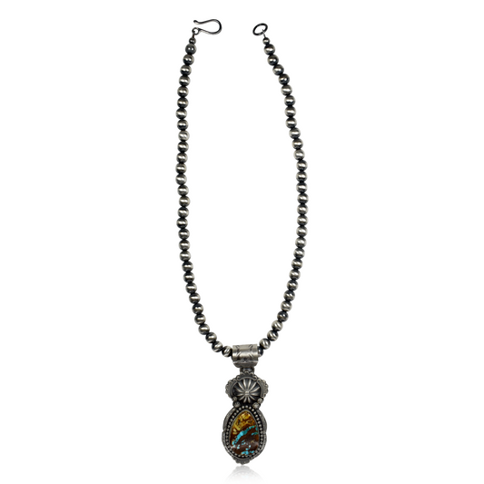 Boulder Turquoise Hand-Tooled Pendant by Steven Nez with Navajo Pearls by Rose Martin