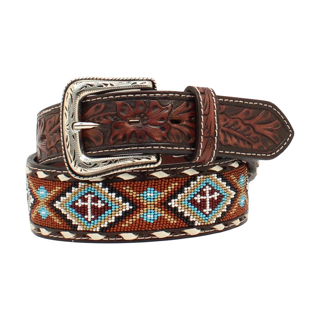 Nocona Men's Multi-Color Beaded Leather Belt with Tooled Tabs