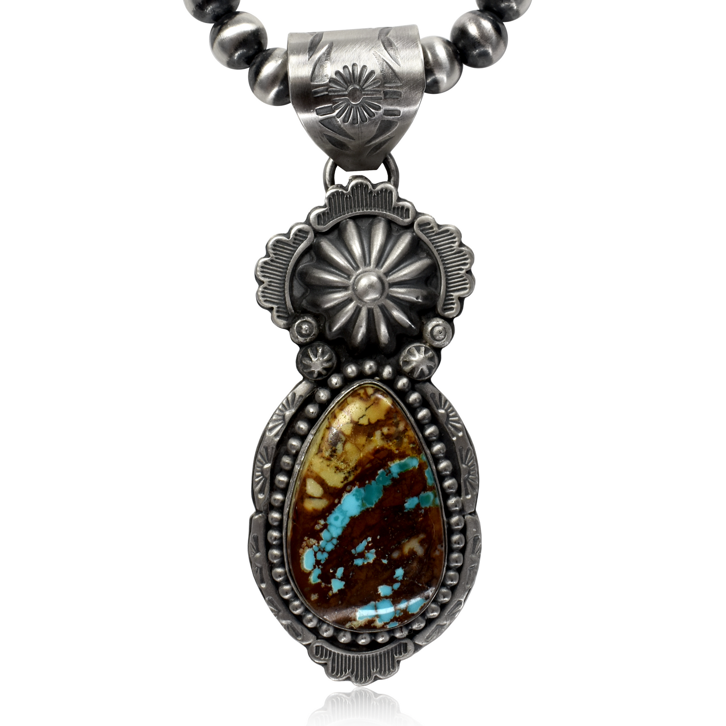 Boulder Turquoise Hand-Tooled Pendant by Steven Nez with Navajo Pearls by Rose Martin