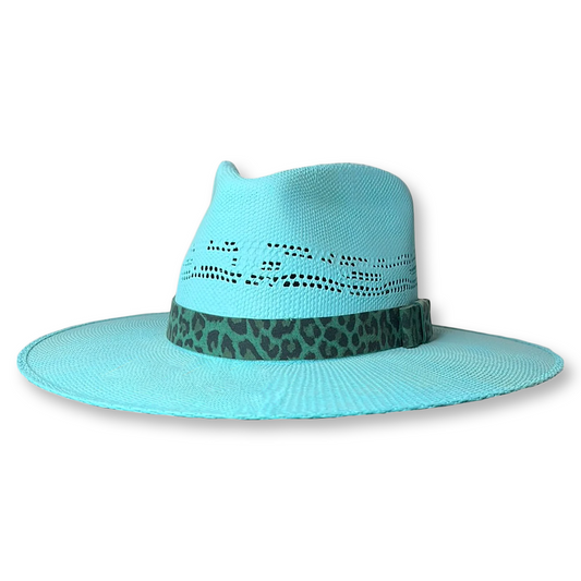 Twister Pinch Front Turquoise  Hat with Leopard Trim