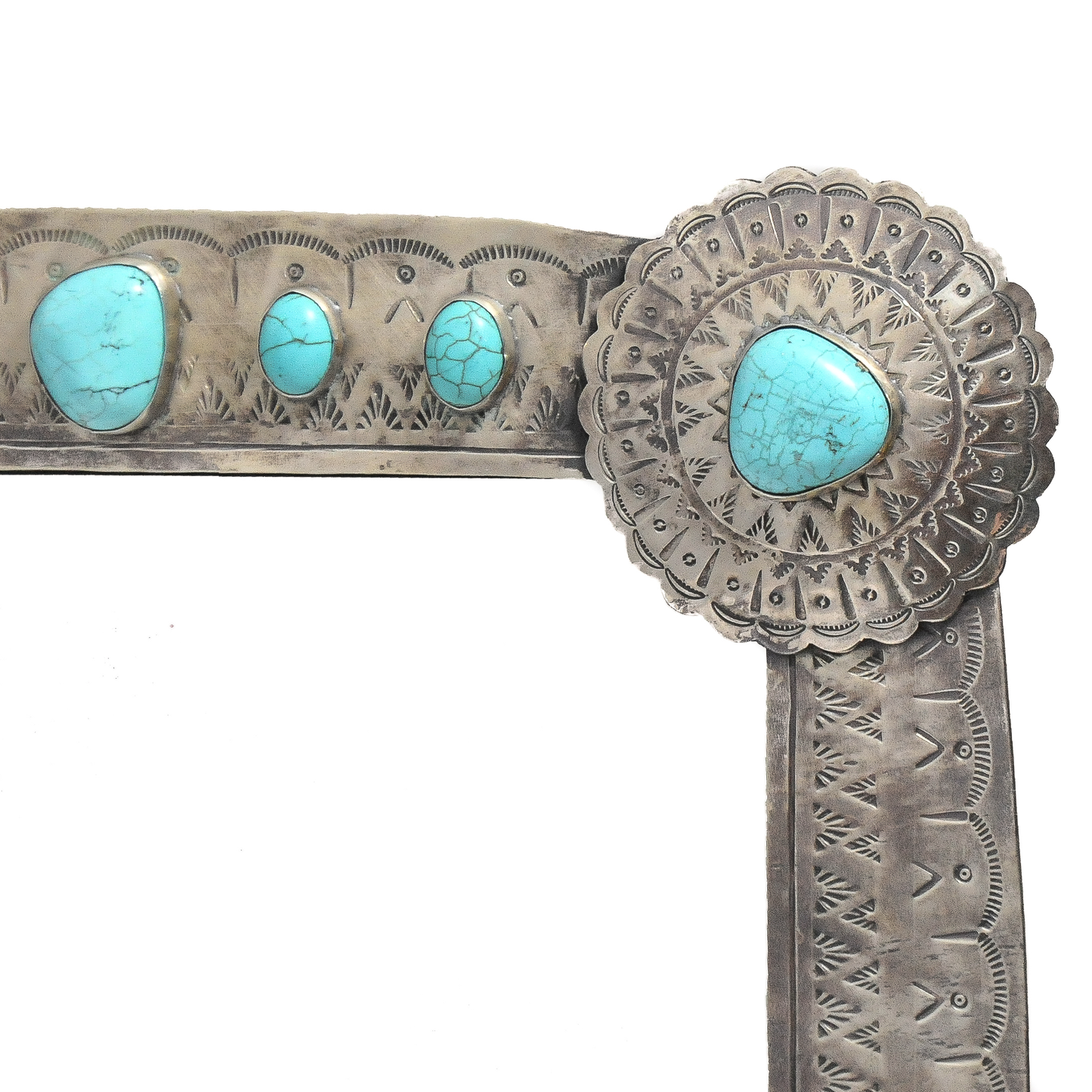 Large Stamped Vanity Mirror with Turquoise by J. Alexander Rustic Silver