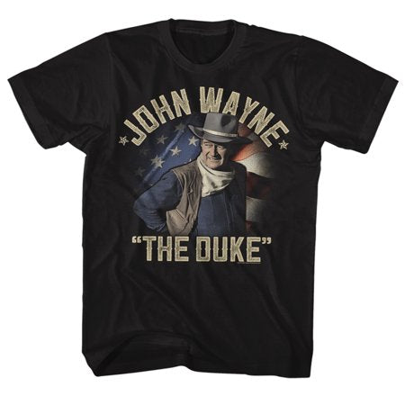 John Wayne the duke returns t-shirt tee black american flag background casual short sleeve crew neck