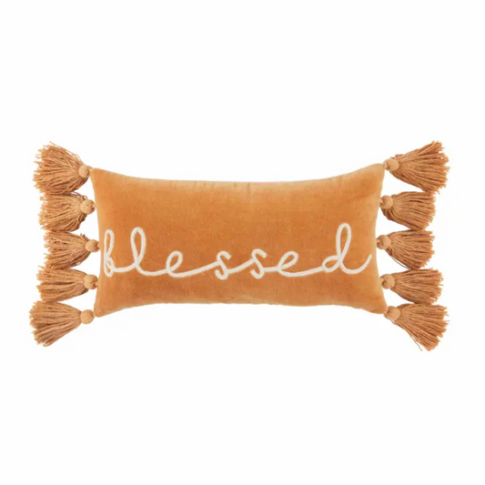 Orange Velvet Sentiment Lumbar Pillow - Blessed