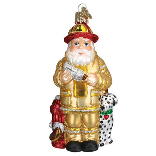 Yellow Coat Fireman Santa Ornament