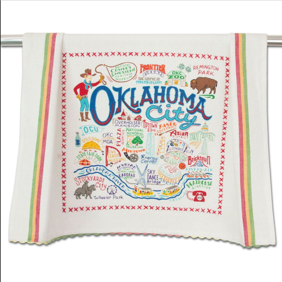 Oklahoma city dish towel kitchen cotton hand printed silk screen bison buffalo cowboy gift housewarming wedding