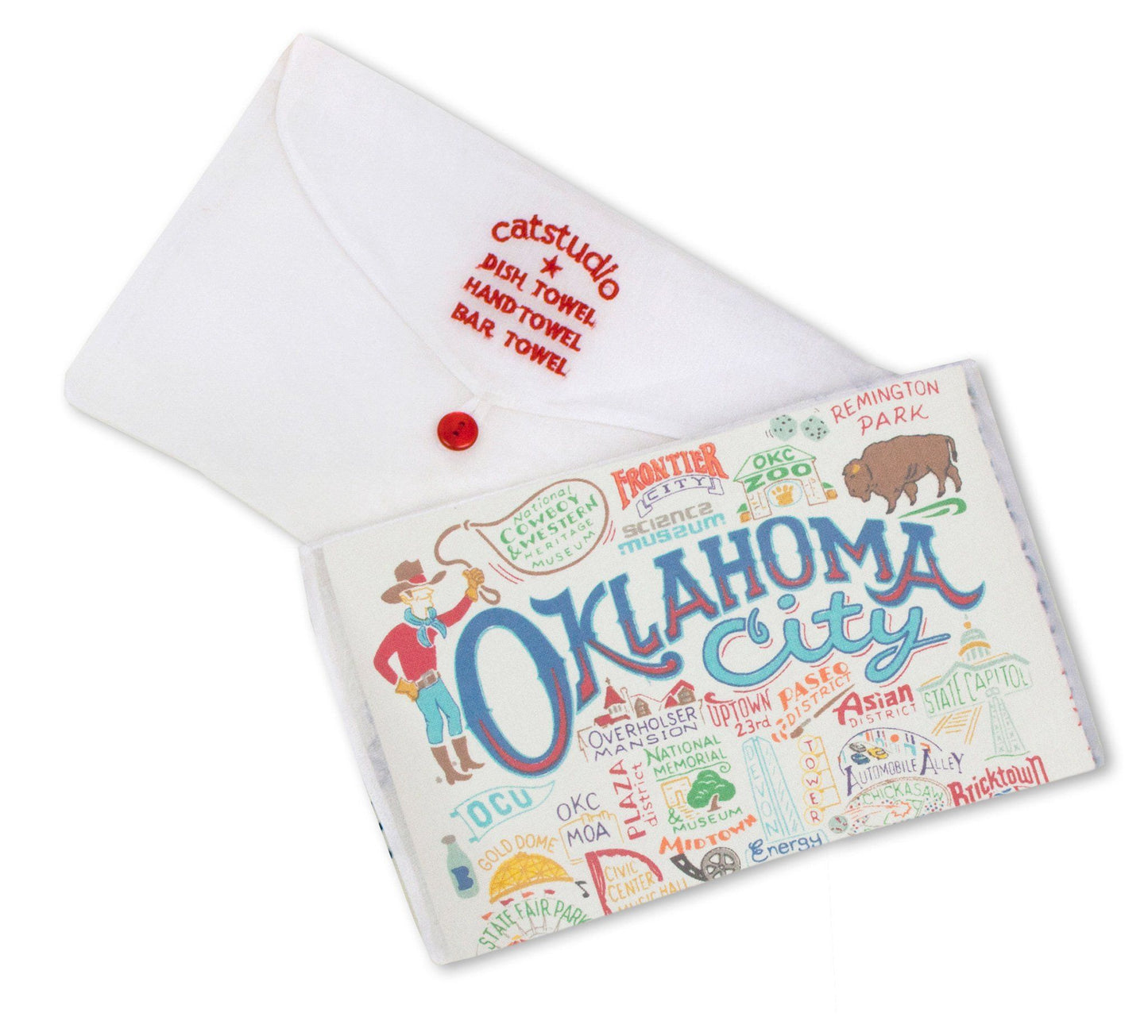 Oklahoma city dish towel kitchen cotton hand printed silk screen bison buffalo cowboy gift housewarming wedding