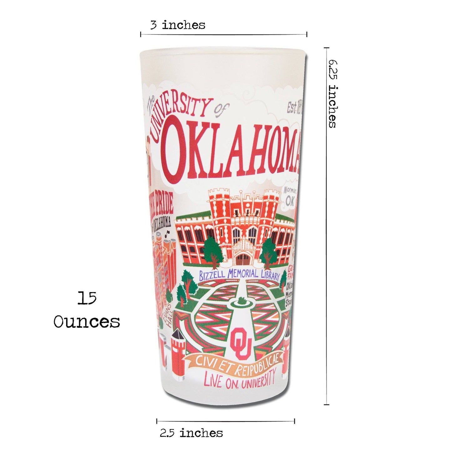 Oklahoma University OU frosted drinking glass dishwasher safe 12 ounces boomer sooner norman fans gift