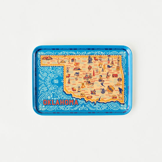 Oklahoma melamine tray gift serving food or drinks blue and yellow map of the state vintage style travel love your state platter serving tray