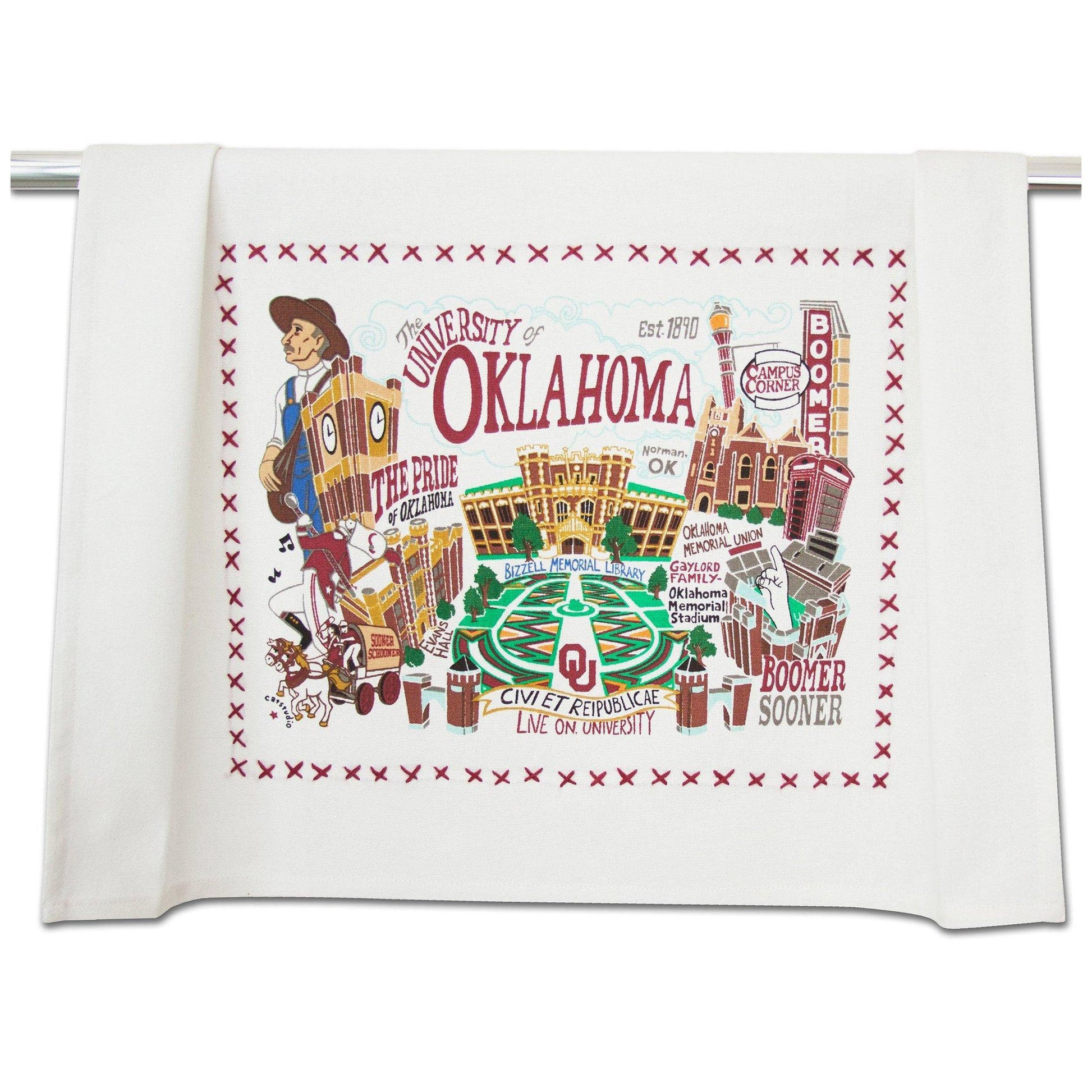 University of Oklahoma dish towel OU hand printed hand embroidered hand loomed handmade cotton kitchen fan boomer sooner catstudio gift