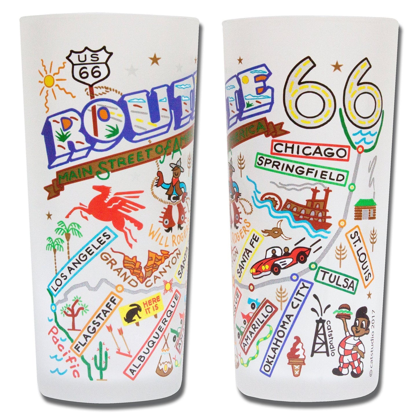 Route 66 frosted drinking glass CatStudio travel road trip gift housewarming highway 15 ounce cup